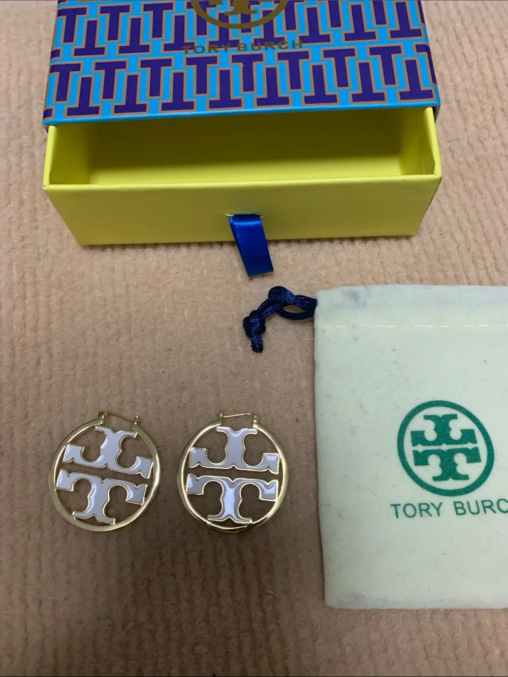 Tory Burch Gold and White Logo Hoop Earrings - Picture 1 of 5